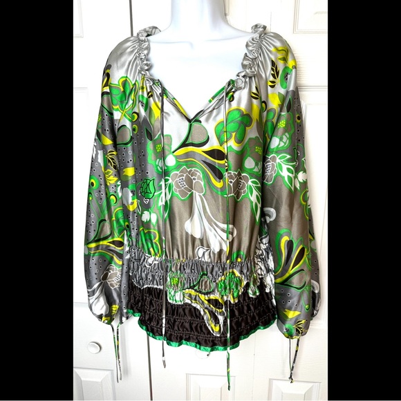 ETCETERA Retro Vibrant Floral Silk Blouse Top Shirt Green Silver Gray Ruffle Tie - Picture 1 of 11